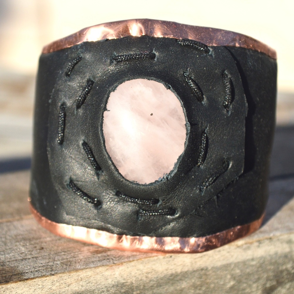 Genuine Rose Quartz Leather Copper Cuff Bracelet
